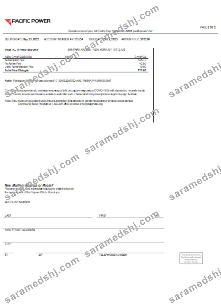 Pacific Power  utility business bill,  page 2, SCR